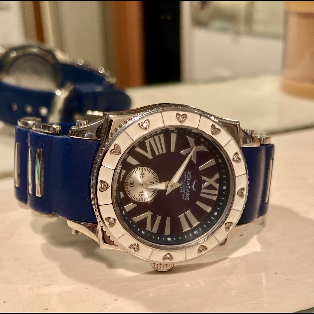 NWOT Aquaswiss diamond and blue women’s watch